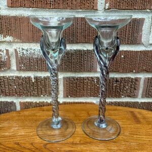 Hand blown Glass candle holders Green Purple tint Twisted stem Made in Poland 2